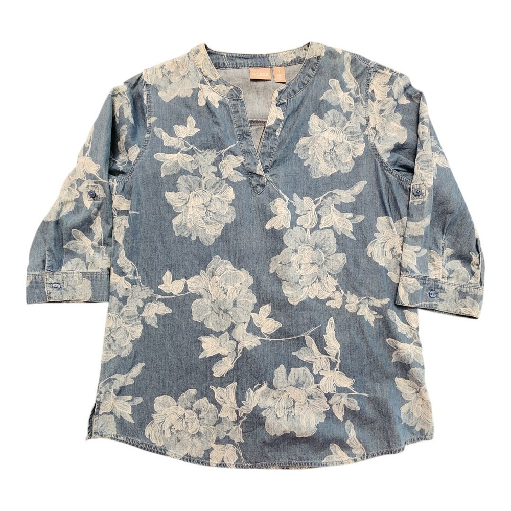 Chicos Top 1 Or Medium Womens Blue Floral Denim Chambray 3/4 Sleeve Career